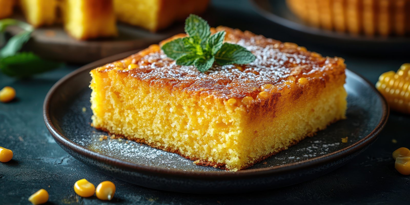 Corn cake served on a black plate with a sprig of mint and powdered sugar at a dessert table